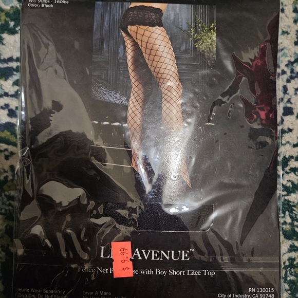Leg Avenue Black Fishnet Pantyhose with Lace Top - Picture 2 of 3